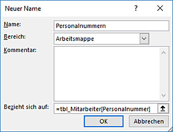 Ein benannter Bereich verweist auf die Spalte mit den Personalnummern