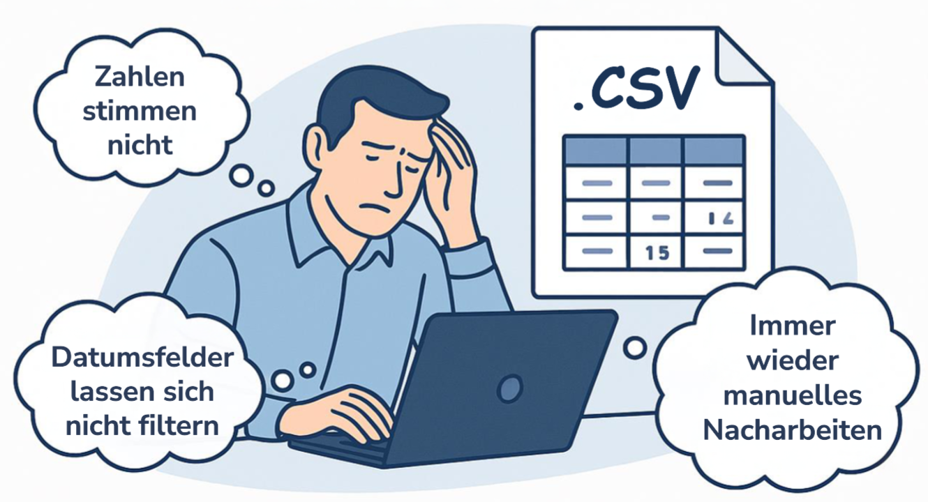 Infografik in Blau-Grau-Tönen mit gestresster Person am Laptop und stilisierter CSV-Datei. Drei Denkblasen mit Problemen wie fehlerhafte Zahlen, nicht filterbare Datumsfelder und immer wieder notwendige Nacharbeiten.