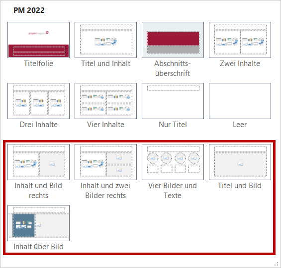 Bild 1: Beispiel für eine Vorlage mit einem ausgewogenen Verhältnis von Inhalts- und Bild-Platzhaltern (hier rot umrahmt)