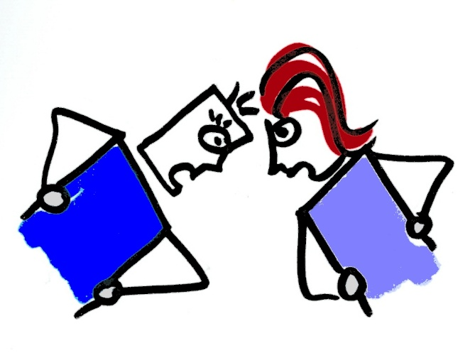 Cartoon mit einem Mann und einer Frau, die sich gegenseitig aggressiv anschreien