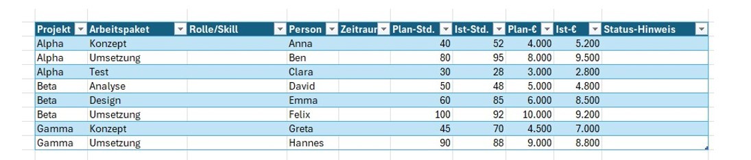 Tabelle mit Projektdaten wie Projektname, Arbeitspaket, zuständiger Person, Arbeitsstunden fürs Projekt und Kosten. In den Spalten zu Rolle, Zeitraum und Status sind keine Eintragungen.
