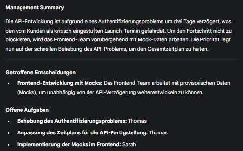 Auszug aus dem ausgespielten Statusbericht