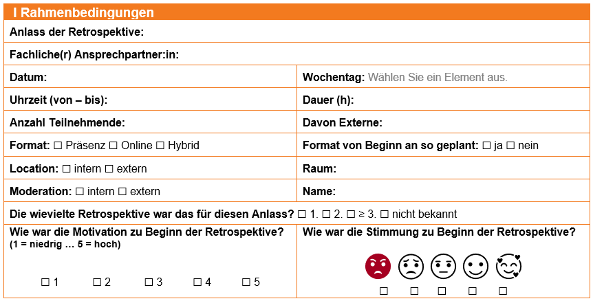 Screenshot, der den ersten Abschnitt der Vorlage zeigt. Antworten können teils als Text in Freifeldern, teils durch das Abhaken von Checkboxen gegeben werden. Genauere Beschreibung im Artikeltext.