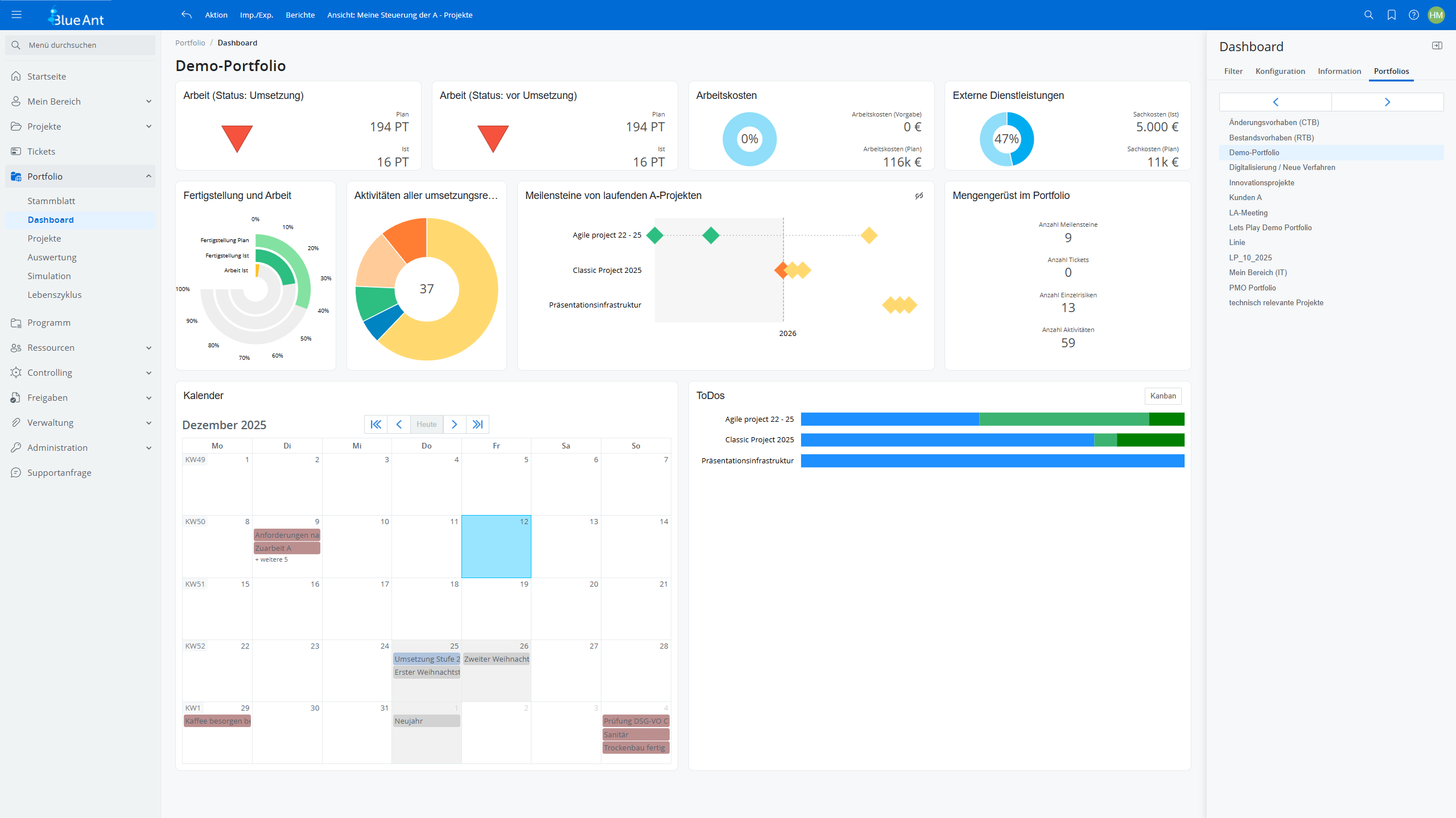 Dashboard eines Demo-Portfolios mit Kennzahlen zu Arbeit, Kosten und externen Leistungen, Kreis- und Balkendiagrammen, Meilenstein-Zeitachse, Programmenü links, Kalender unten und Portfoliofilter rechts.