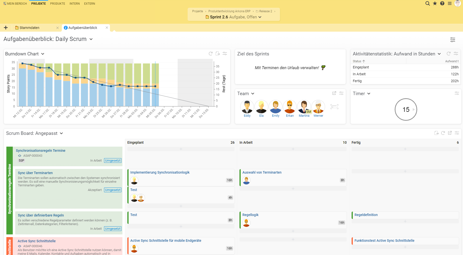 Scrum-Dashboard mit Burndown-Chart, Teamübersicht und Kanban-Board; farbige Balken und Karten zeigen Fortschritt, Aufgabenstatus und Abhängigkeiten im Sprintverlauf 