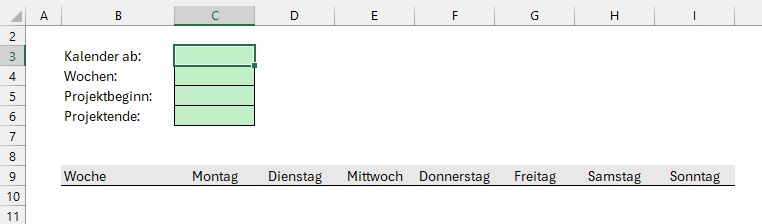 Excel-Vorlage für einen Projektkalender mit Eingabefeldern für Kalenderstart, Wochenanzahl, Projektbeginn und Projektende sowie einer leeren Kalenderzeile von Montag bis Sonntag.
