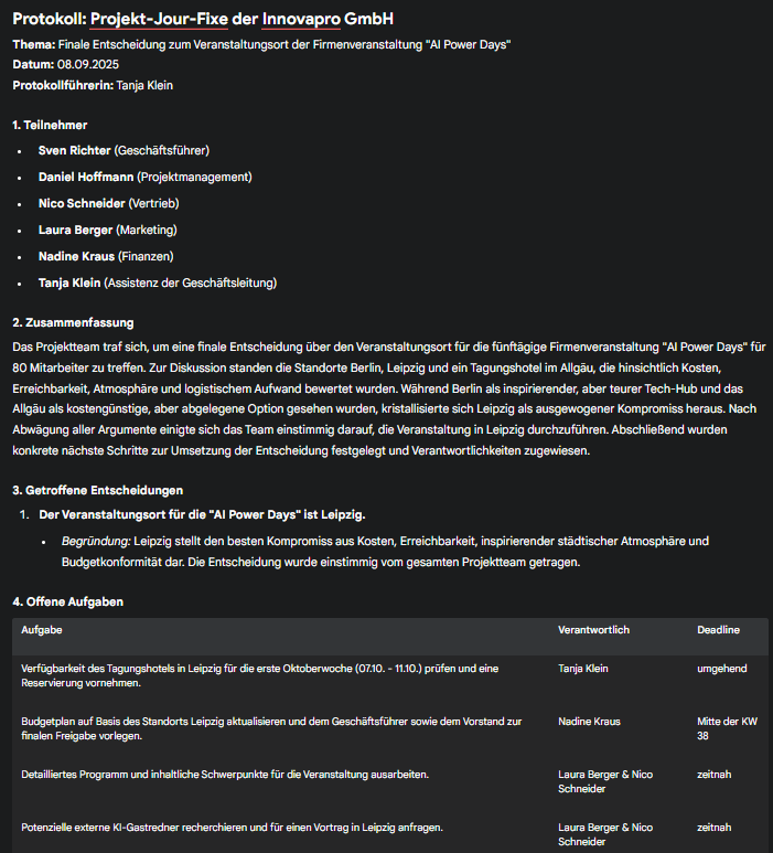 Auszug aus dem Protokoll eines Projekt-Jour-Fixes