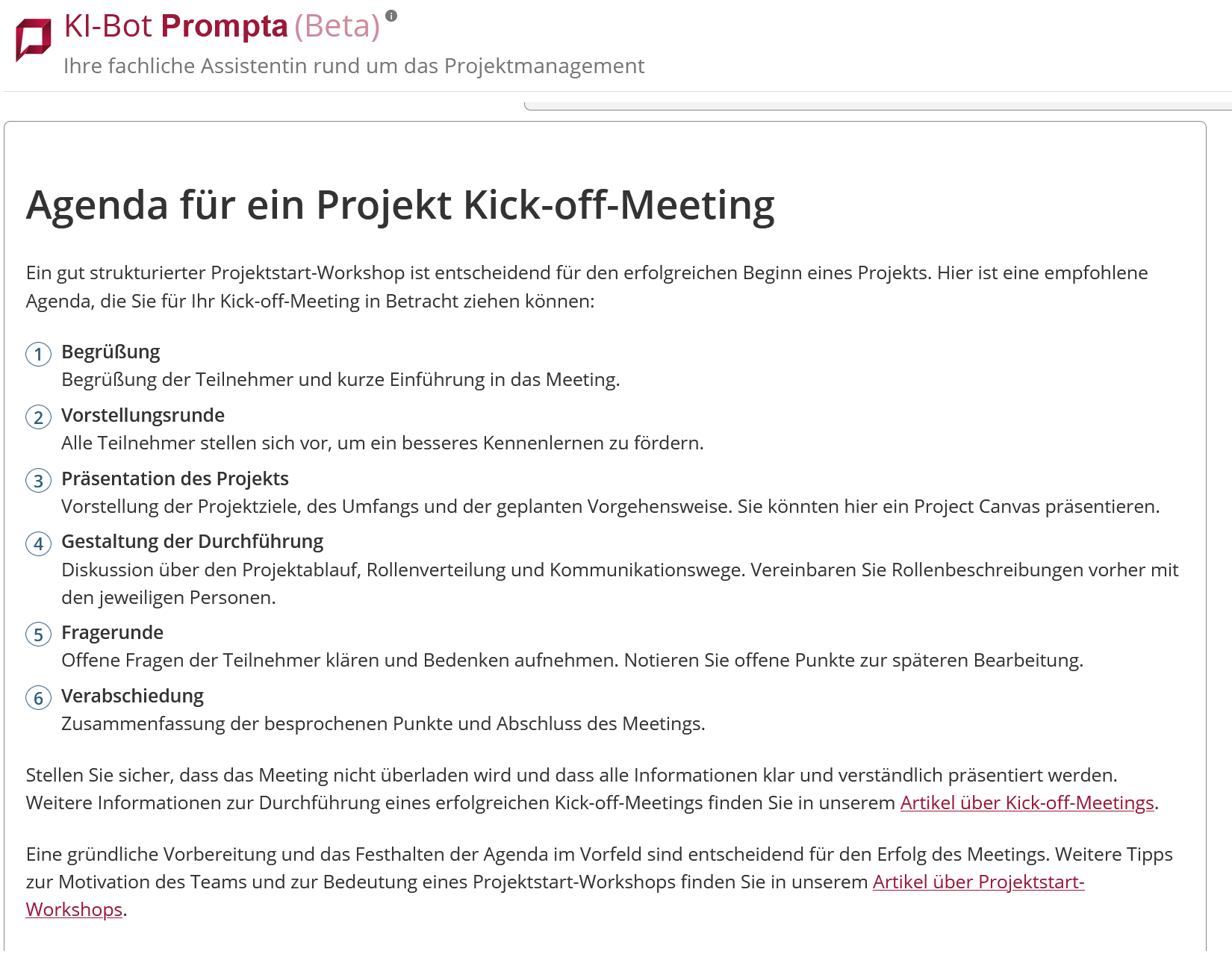Antwort von Prompta auf die beschriebene Anfrage. Gezeigt werden eine Agenda mit sechs Punkten sowie Verweise auf passende Beiträge im projektmagazin.