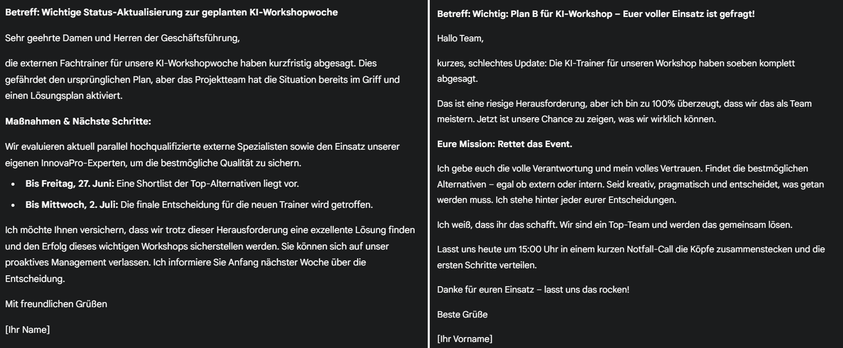 Auszug verschiedener Mailentwürfe zum gleichen Thema