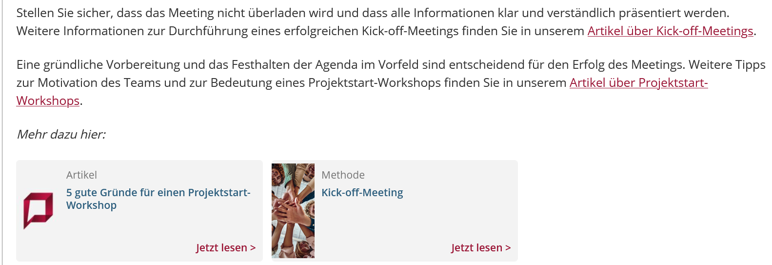 Ausschnitt der Antwort von Prompta auf die beschriebene Anfrage mit Verweisen auf weitere passende Inhalte im projektmagazin.