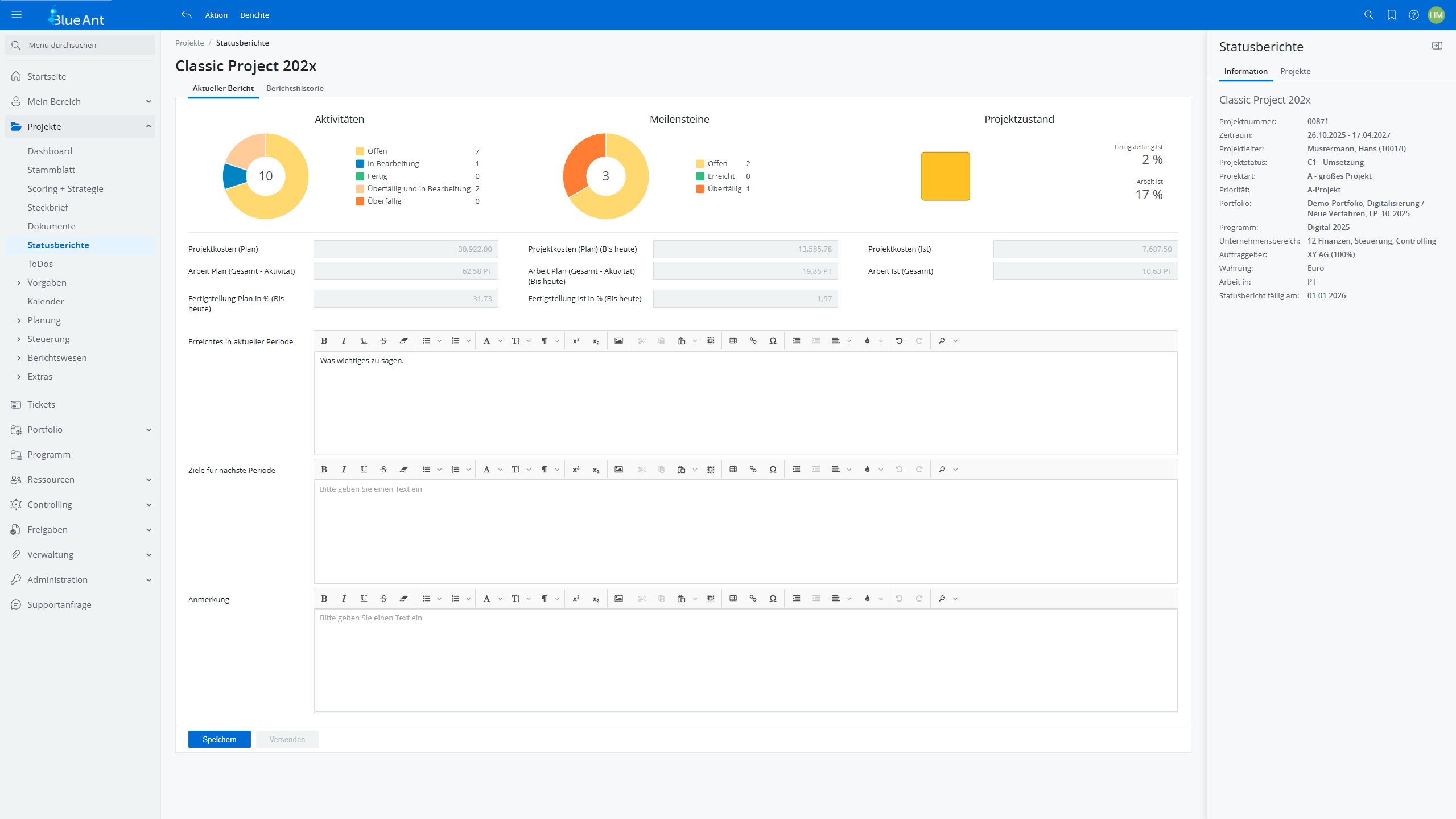 Statusbericht eines Projekts mit Kreisdiagrammen zu Aktivitäten und Meilensteinen sowie Farbindikator zum Projektzustand, Fortschrittswerten, Kosten- und Arbeitskennzahlen sowie Textfeldern für Berichte, links Navigation und rechts Projektinfos.