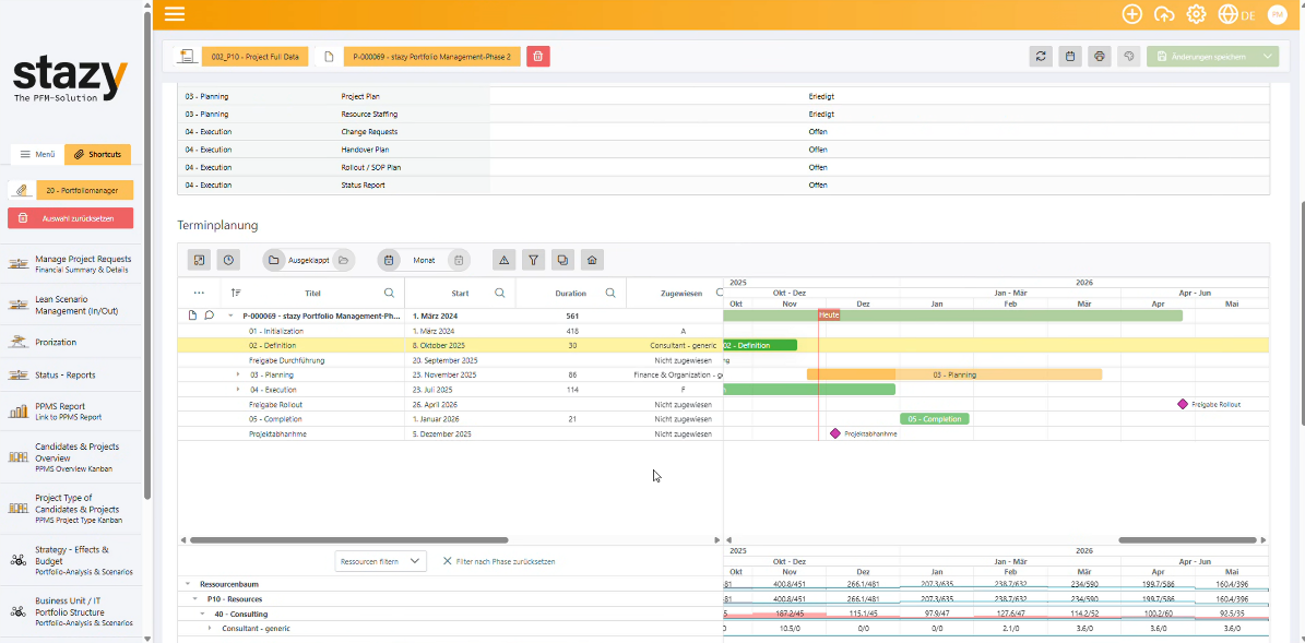 Screenshot einer Terminplanungsansicht mit Gantt-Diagramm, farbigen Zeitbalken und Meilensteinen. Die Ansicht zeigt Projektphasen, Abhängigkeiten und Fortschritt entlang einer Zeitachse über mehrere Monate.