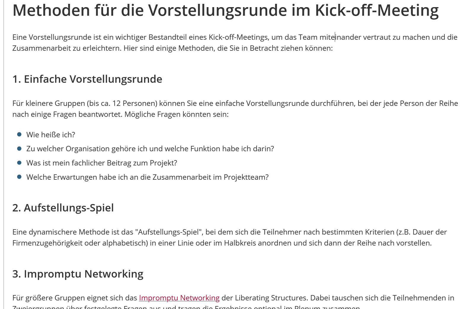 Ausschnitt aus der Antwort von Prompta auf die dargestellte Nachfrage. Unter der Überschrift „Methoden für die Vorstellungsrunde im Kick-off-Meeting“ werden als Möglichkeiten die einfache Vorstellungsrunde, das Aufstellungs-Spiel und das Impromptu-Networking aufgeführt, jeweils mit kurzer Erläuterung.