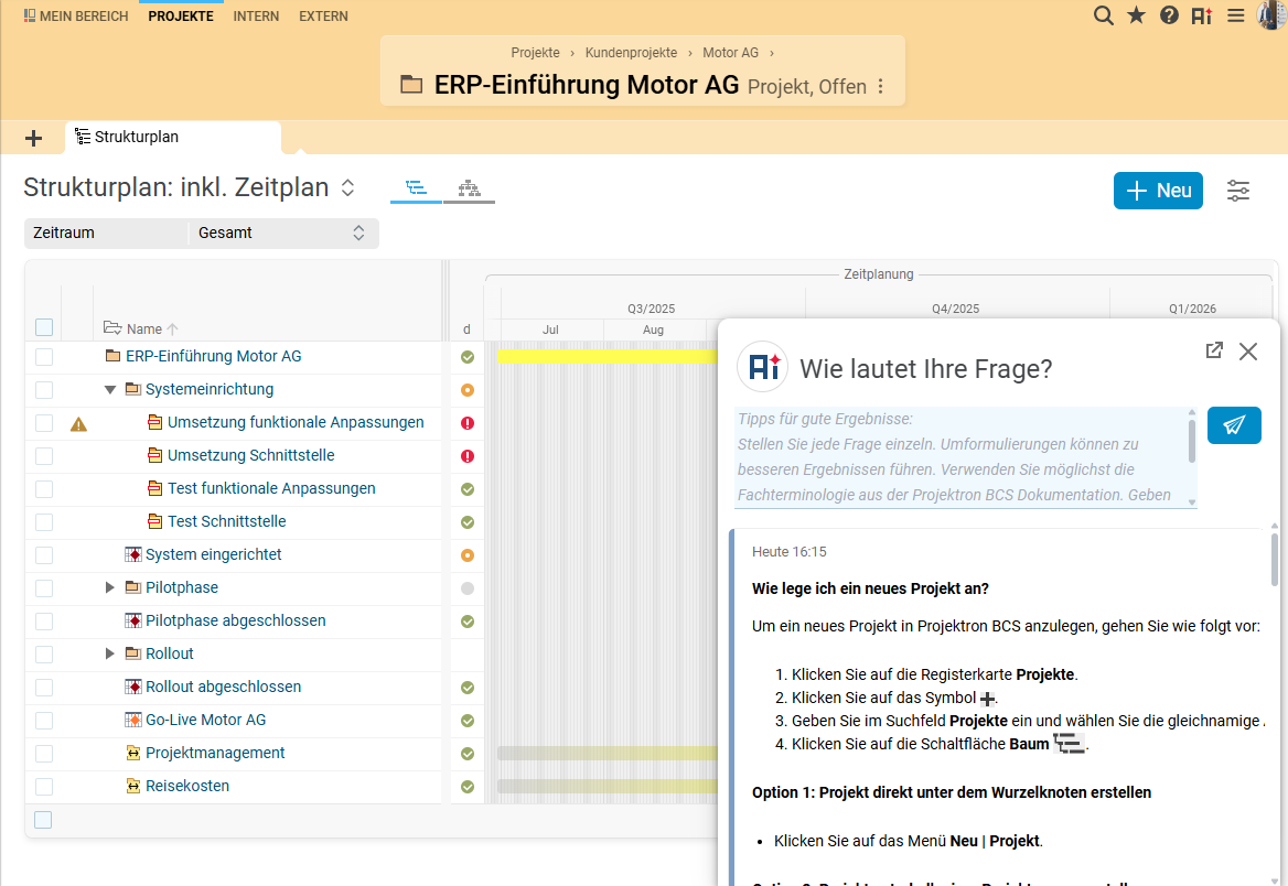 Strukturplan mit hierarchischer Projektliste und Zeitplan rechts; farbige Statussymbole und Balken zeigen Fortschritt und Abhängigkeiten, überlagert von einem Hilfe-Dialogfenster