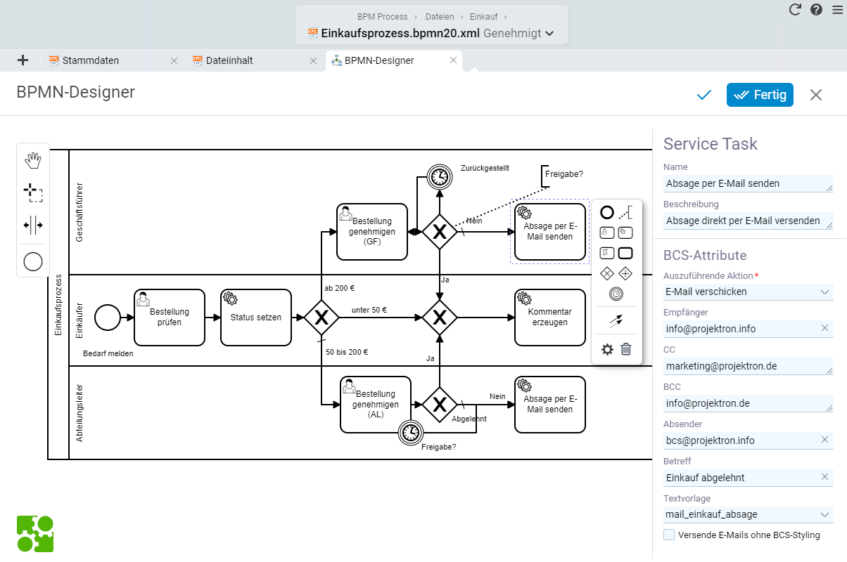 BPMN-Diagramm im Prozessdesigner mit Swimlanes, Entscheidungsknoten und Aufgaben; Pfeile zeigen Ablauf und Abhängigkeiten, rechts Konfigurationspanel für markierten Service-Task 