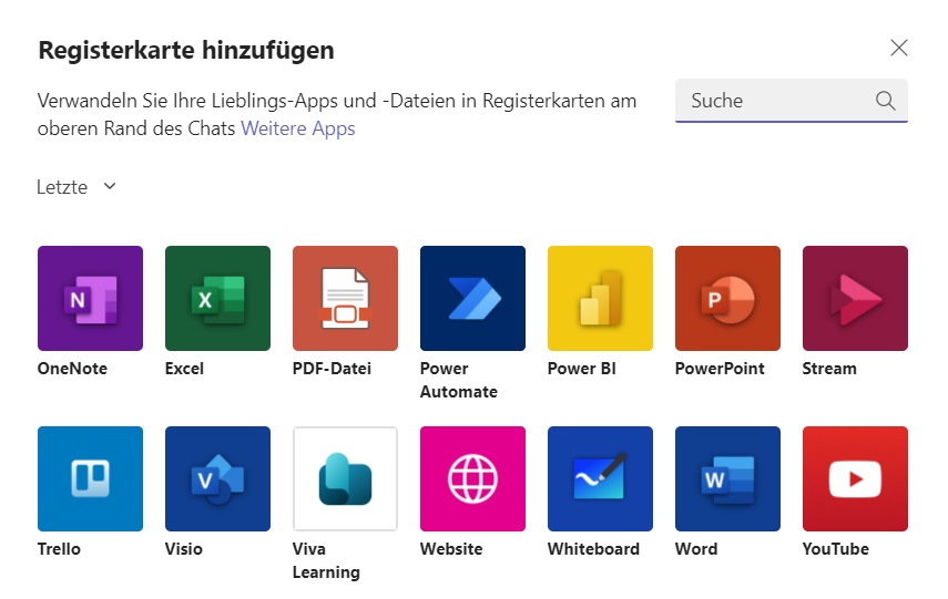 Bild 10: Die OneNote-Registerkarte können Sie in MS Teams z.B. bei einem privaten Chat, einem Meeting oder einem Channel hinzufügen