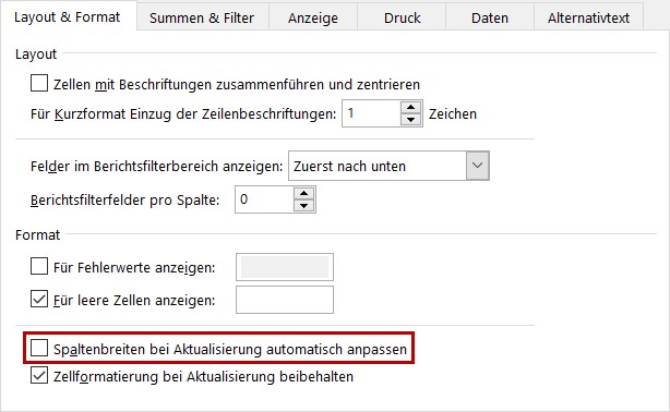 Das Entfernen des Häkchens schützt vor einer ungewollten Änderung der Spaltenbreiten nach einer Aktualisierung