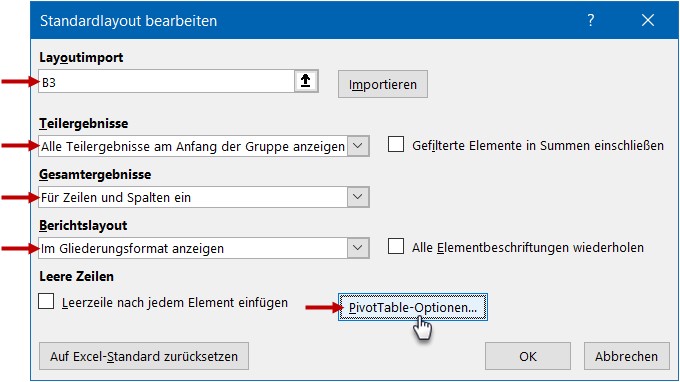 Ändern Sie in diesem Dialogfeld wichtige Pivot-Grundeinstellungen nach Ihren Wünschen und ersparen Sie sich so monotone Klickabfolgen bei allen künftigen Pivot-Tabellen