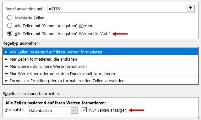 In diesem Dialogfeld für die Konfiguration der Datenbalken sind diese zwei Einstellungen wichtig