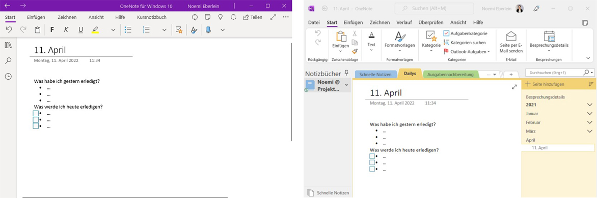 Bild 1: Es gibt zwei Versionen von OneNote. Das Design der Anwendung "OneNote für Windows 10"  (links im Bild) ist im Vergleich zur OneNote App (rechts im Bild) deutlich schlanker.