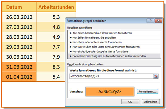 Bis Excel 2003 lässt sich per Formel nur die Farbe einer Zelle ändern, wenn deren Datum auf ein Wochenende fällt.