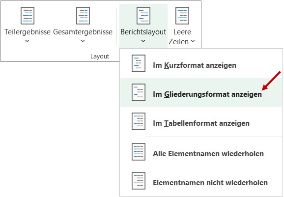 Über den Befehl Berichtslayout lassen Sie die Pivot-Tabellen im Gliederungsformat anzeigen