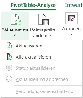 Mit Aktualisieren bringen Sie die eben markierte Pivot-Tabelle und mit Alle Aktualisieren alle Pivot-Tabellen in der Arbeitsmappe auf den neuesten Stand