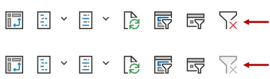 Oben ist das Symbol Filter löschen aktiv, unten hingegen erscheint es ausgegraut