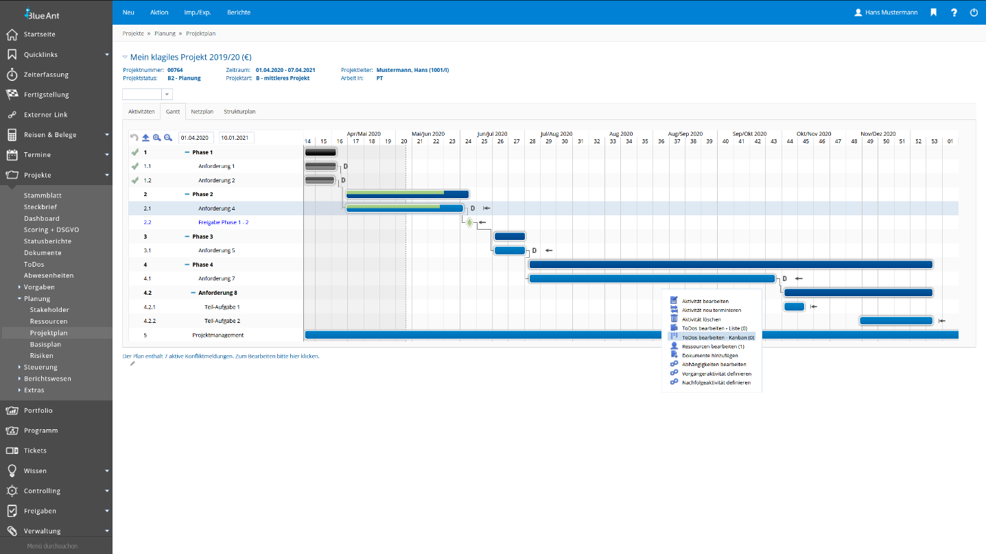 Darstellung der Projektplanung als GANTT-Diagramm