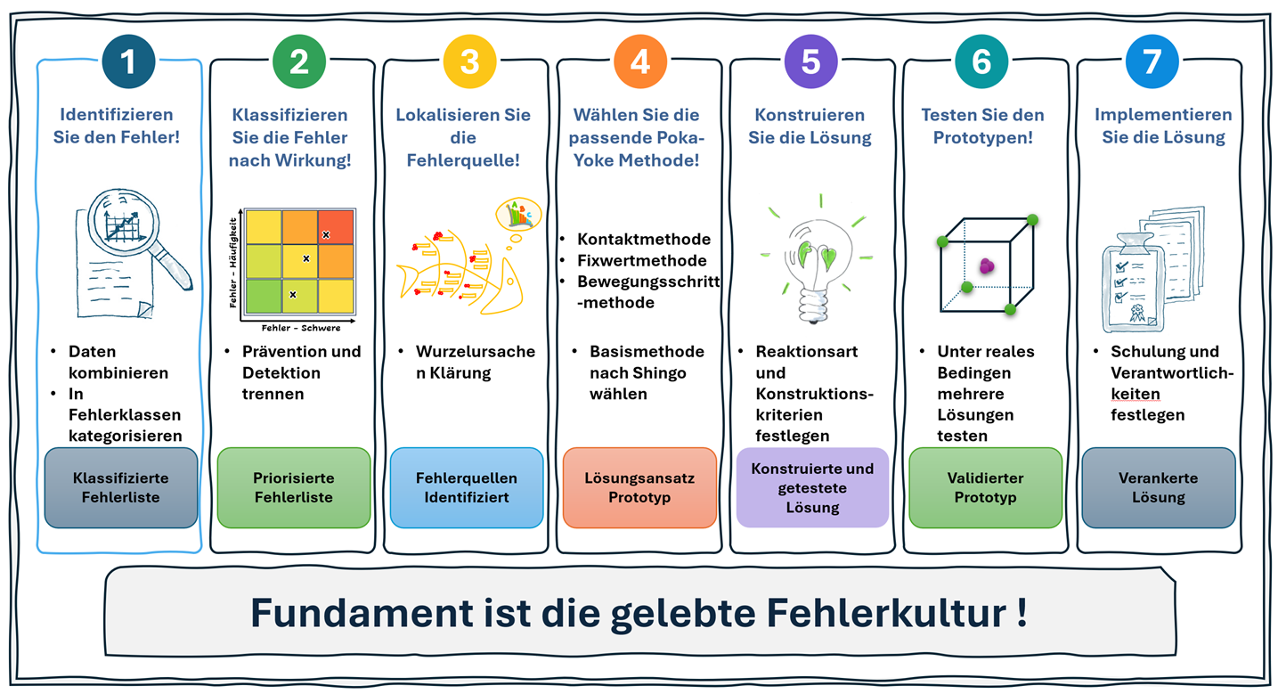 Grafik mit sieben Schritten zur Problemlösung, farbig kodiert.