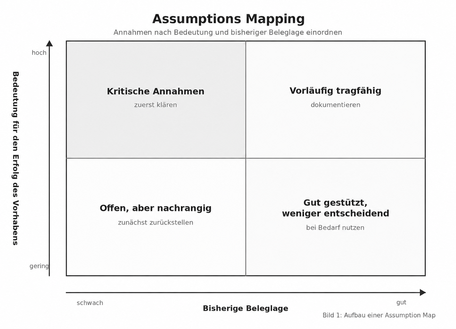 Assumptions Map mit den vier Bereichen „Kritische Annahmen“, „Vorläufig tragfähig, „Offen aber nachrangig“ und „gut gestützt, weniger entscheidend“