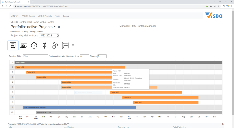 Die digitale Projekttafel mit allen aktiven Projekten