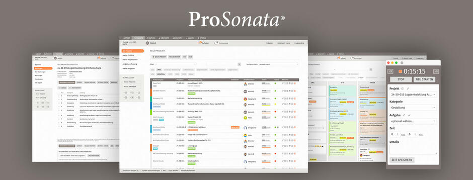 ProSonata Softwareansicht der Projektübersicht, Rechnungen und Aufgaben