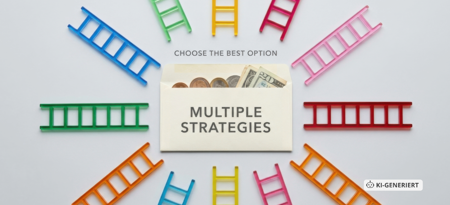 Bunte Leitern strahlen von einem zentralen Umschlag mit der Aufschrift "Multiple Strategies" aus.