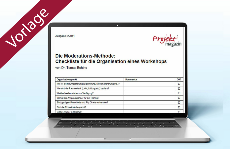 Laptop mit geöffneter Checkliste, Text auf Deutsch, rotes "Vorlage"-Banner.