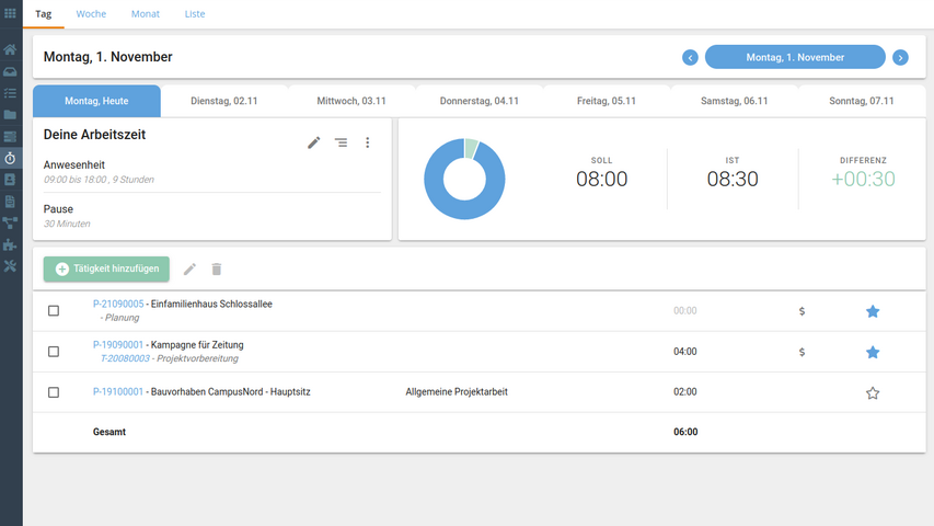 Tagesansicht Tätigkeitserfassuung