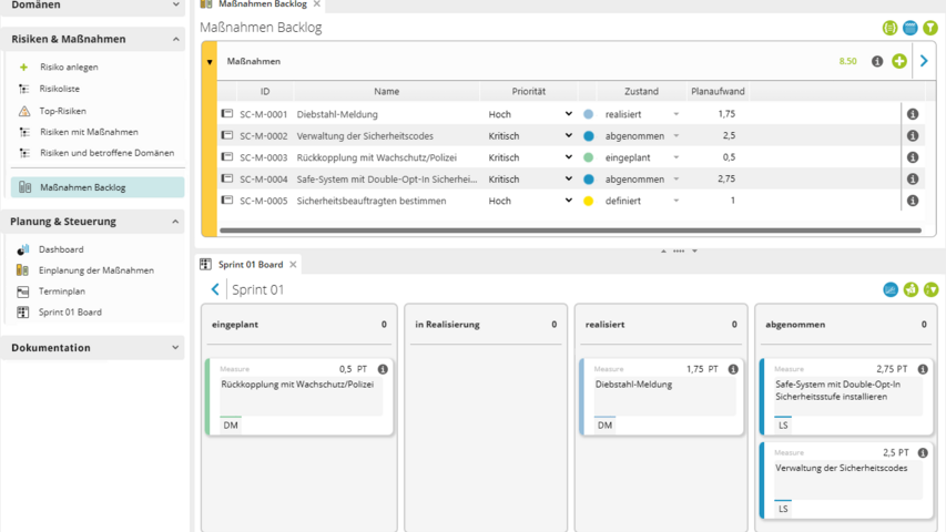 Risikomanagement in objectiF RPM mit Kanban-Board für Risiken und Maßnahmen