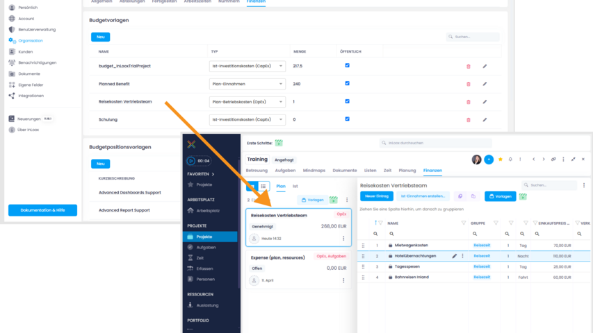 InLoox - Projektfinanzplanung mit Vorlagen für CapEx, OpEx oder Einnahmen inklusive Listenansicht