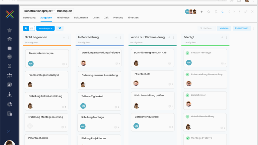 InLoox - Projektaufgaben im Kanban mit Wechsel in die Listenansicht