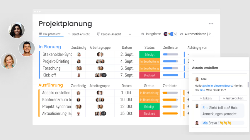 Projektplanungsansicht in monday.com mit Aufgaben, Status und Team-Kommentaren