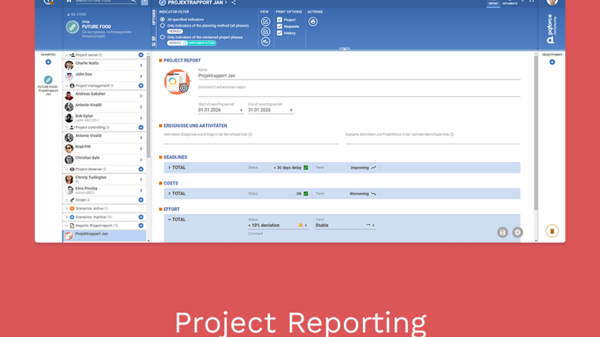 Ein Screenshot der Berichtsansicht des PQFORCE-Projekts