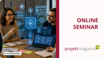 Personengruppe diskutiert vor Laptop mit KI-Grafik, online Seminar Text rechts.